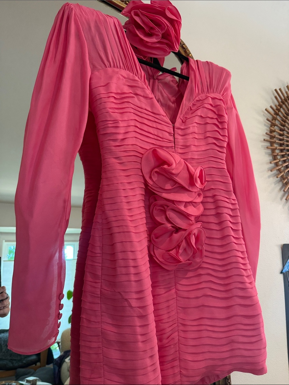 Pink Pleated Long-Sleeve Dress with Rosette Detail